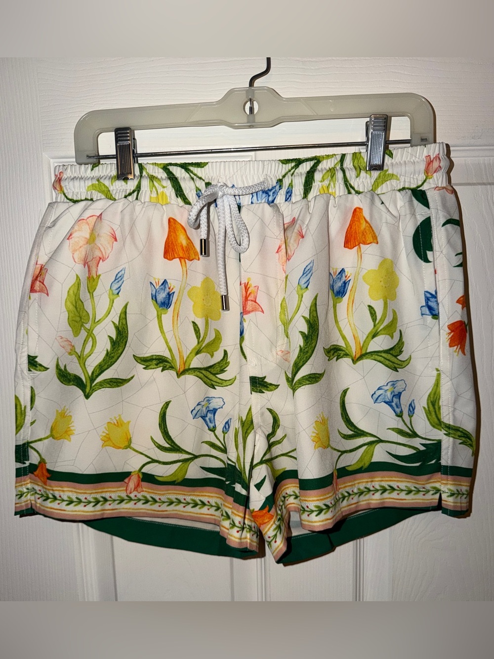 Fashion Nova White Floral Drawstring Athletic Shorts with Green Trim